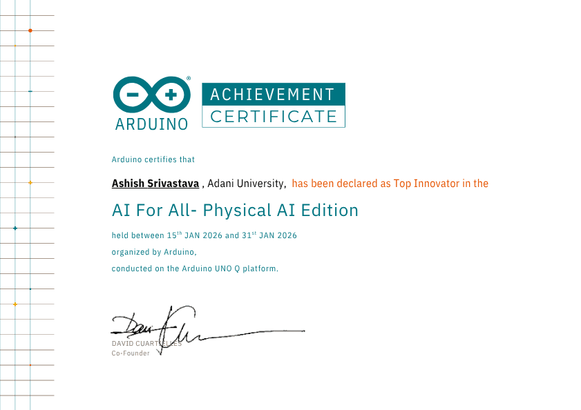 My achievement certificate from Arduino recognizing our work in the 'AI For All - Physical AI Edition' challenge.